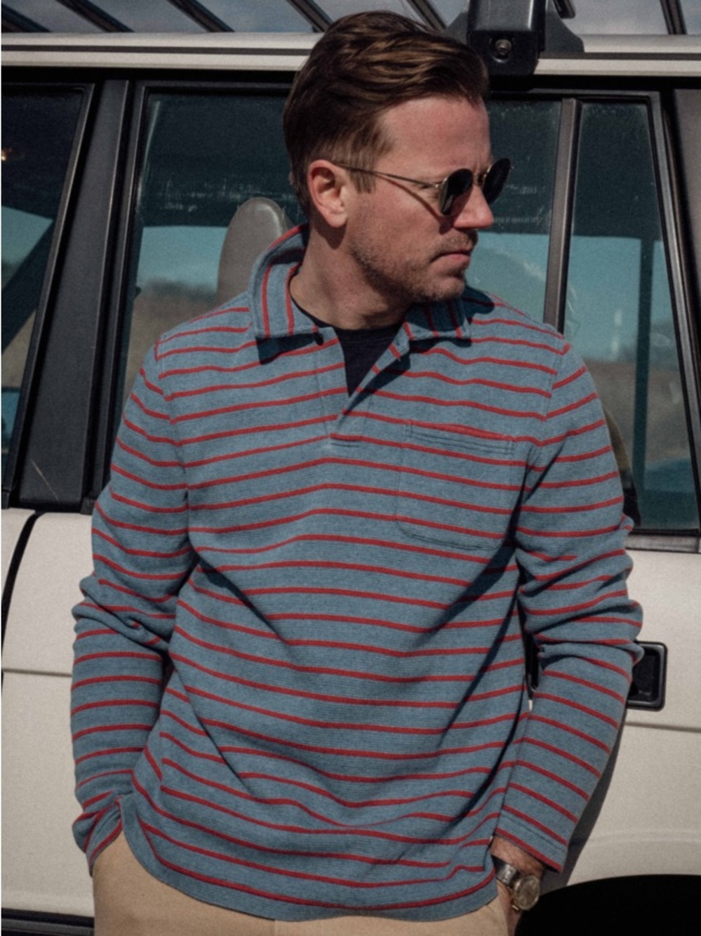 Quaker marine supply Long Sleeve Indigo Polo in Red/Navy Ribbed Knit top